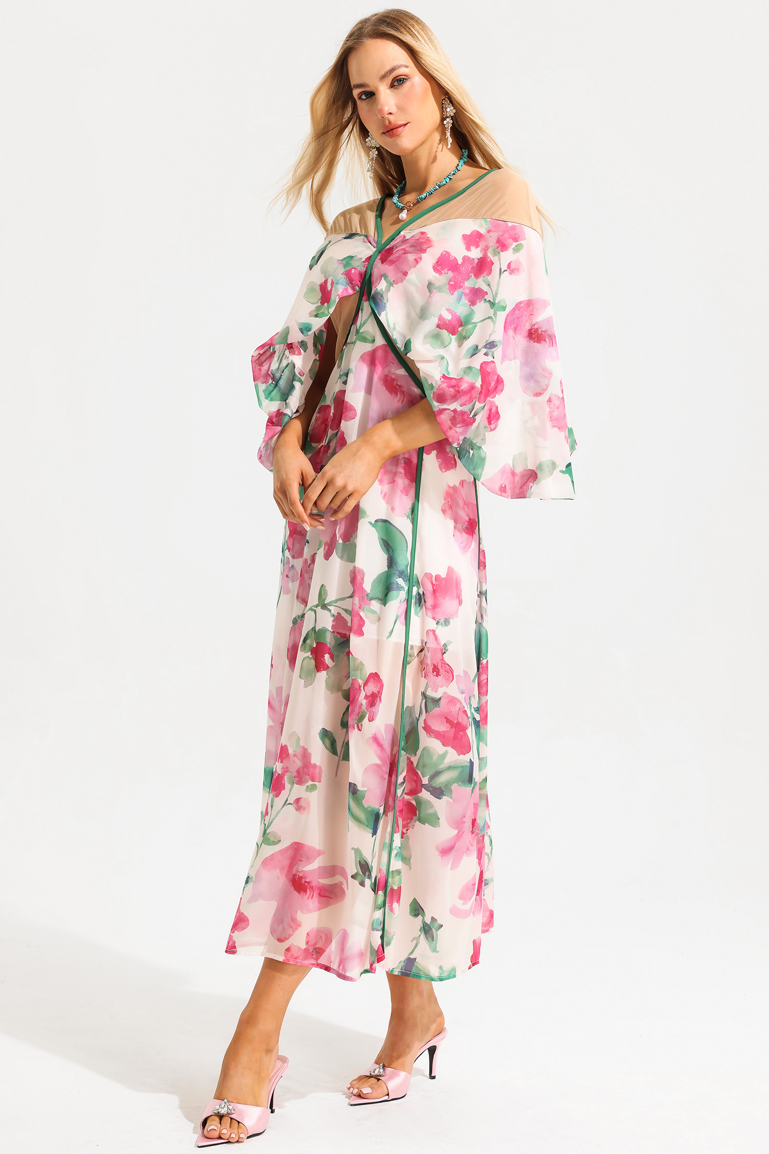 Floral V-Neck Lantern Sleeve Splicing Midi Dress