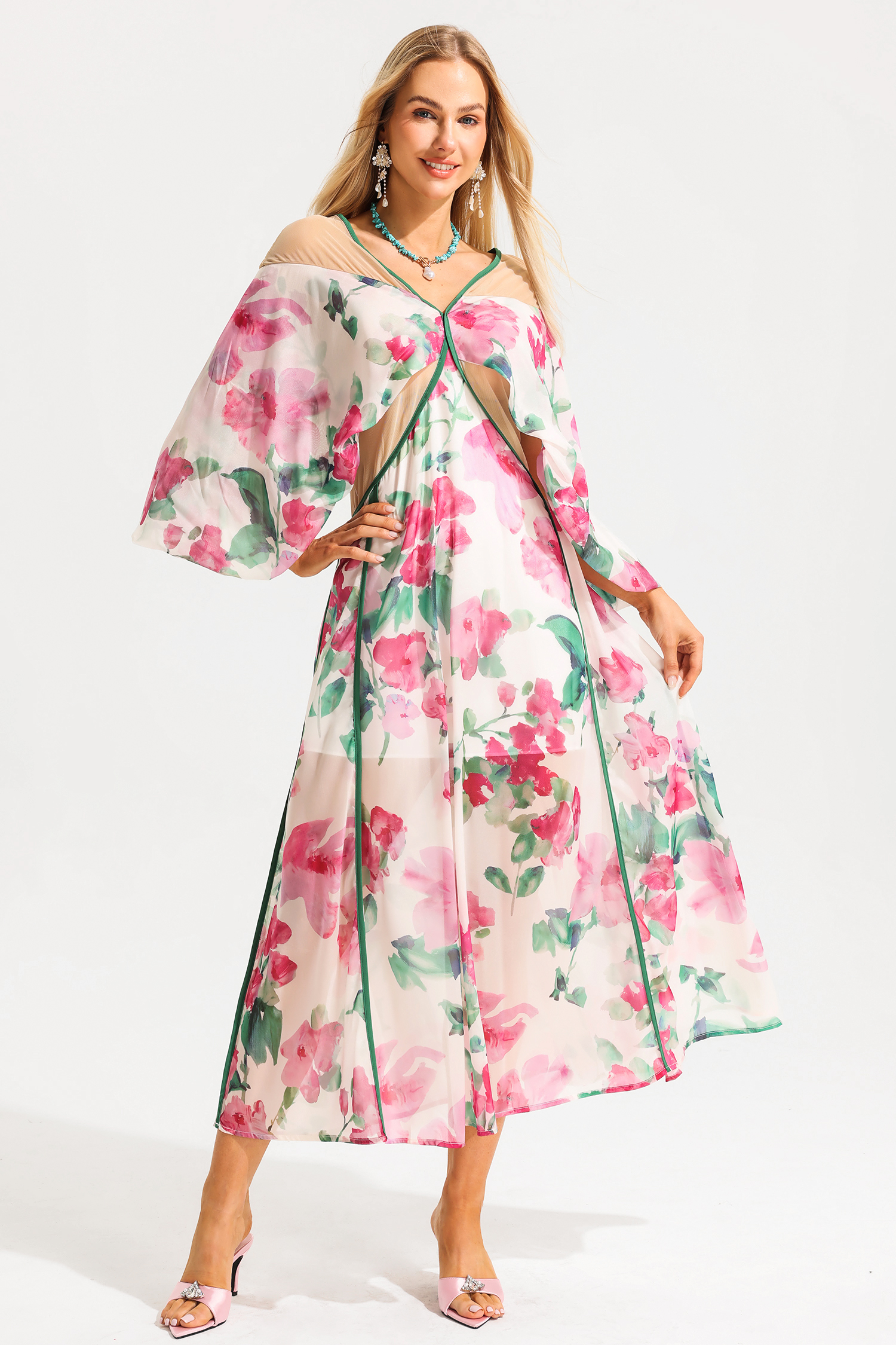 Floral V-Neck Lantern Sleeve Splicing Midi Dress