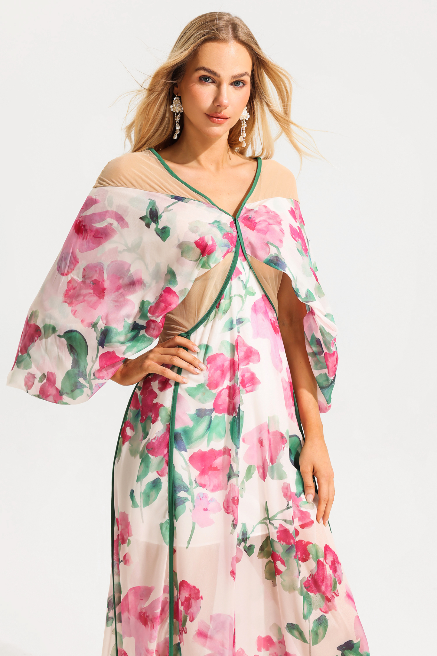Floral V-Neck Lantern Sleeve Splicing Midi Dress