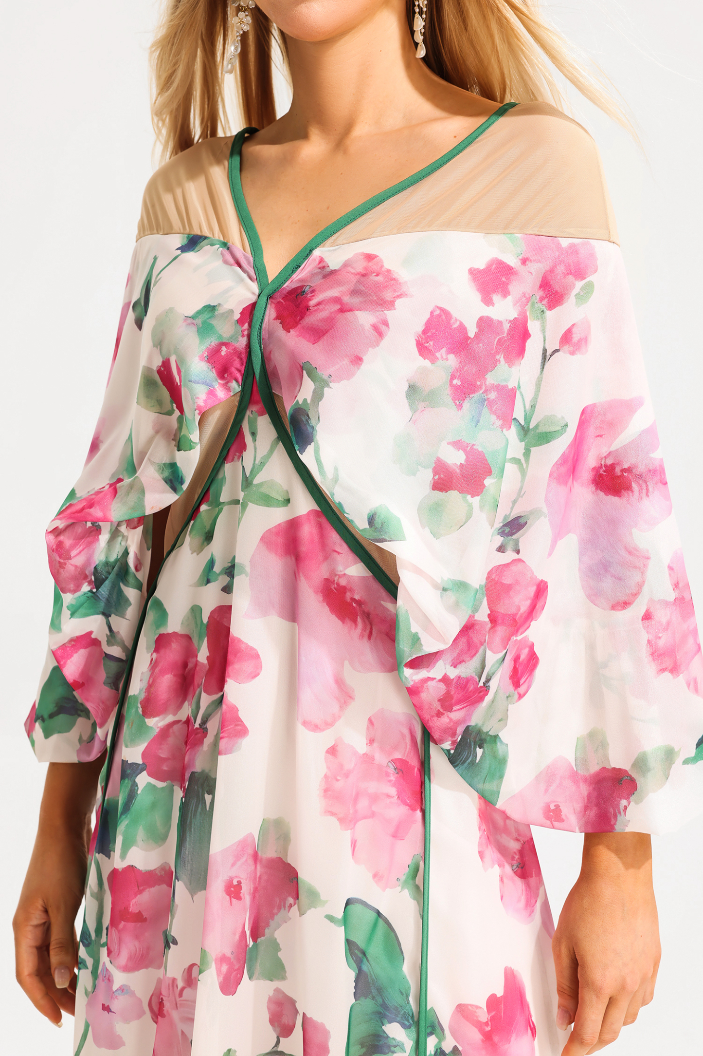 Floral V-Neck Lantern Sleeve Splicing Midi Dress