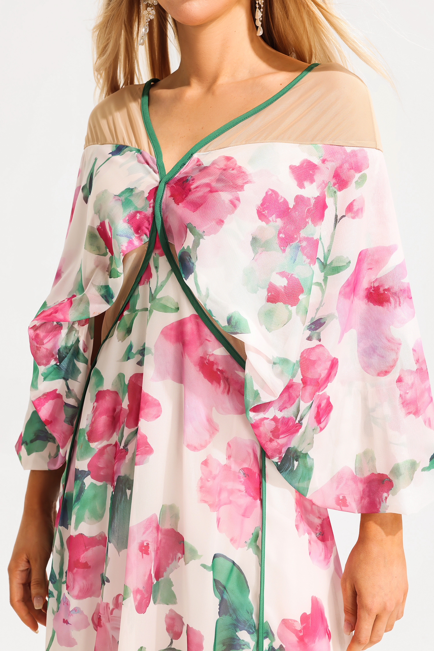 Floral V-Neck Lantern Sleeve Splicing Midi Dress