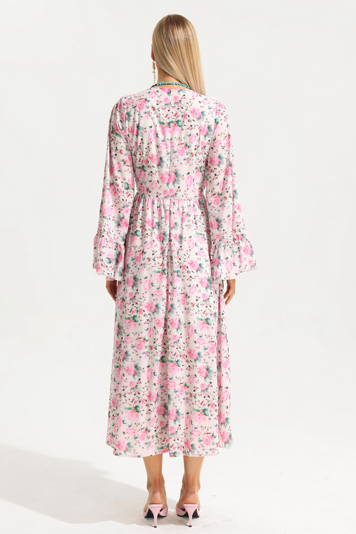 Floral V-Neck Ball Sleeve Midi Dress