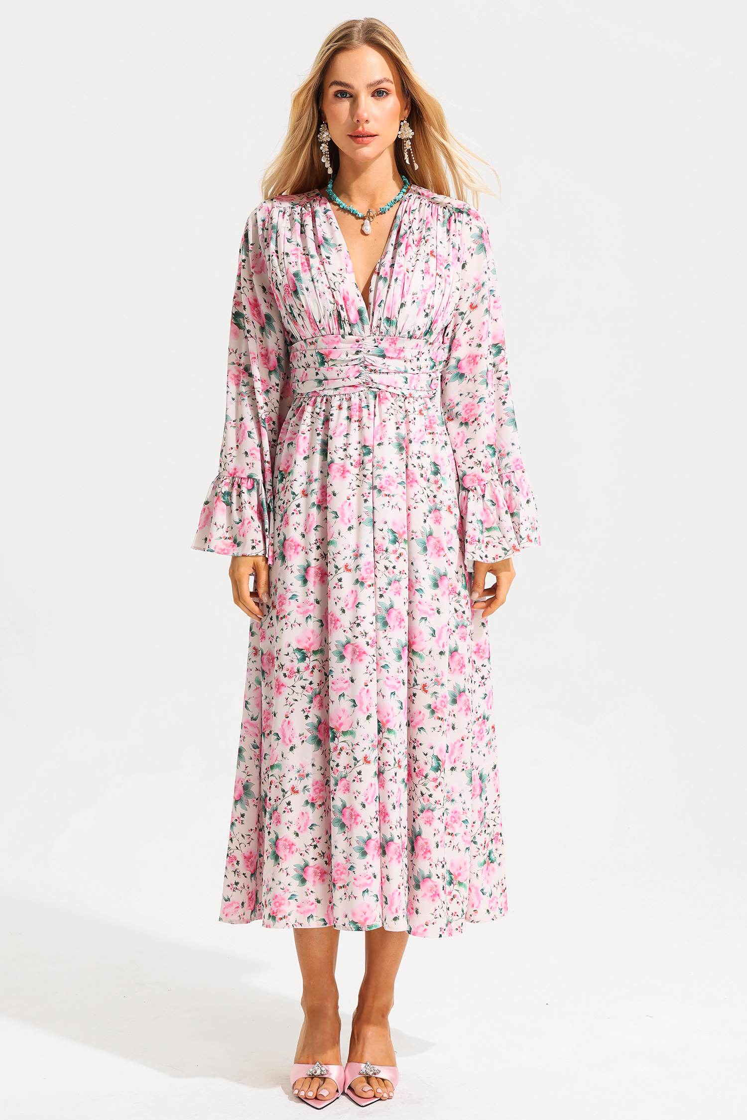 Floral V-Neck Ball Sleeve Midi Dress