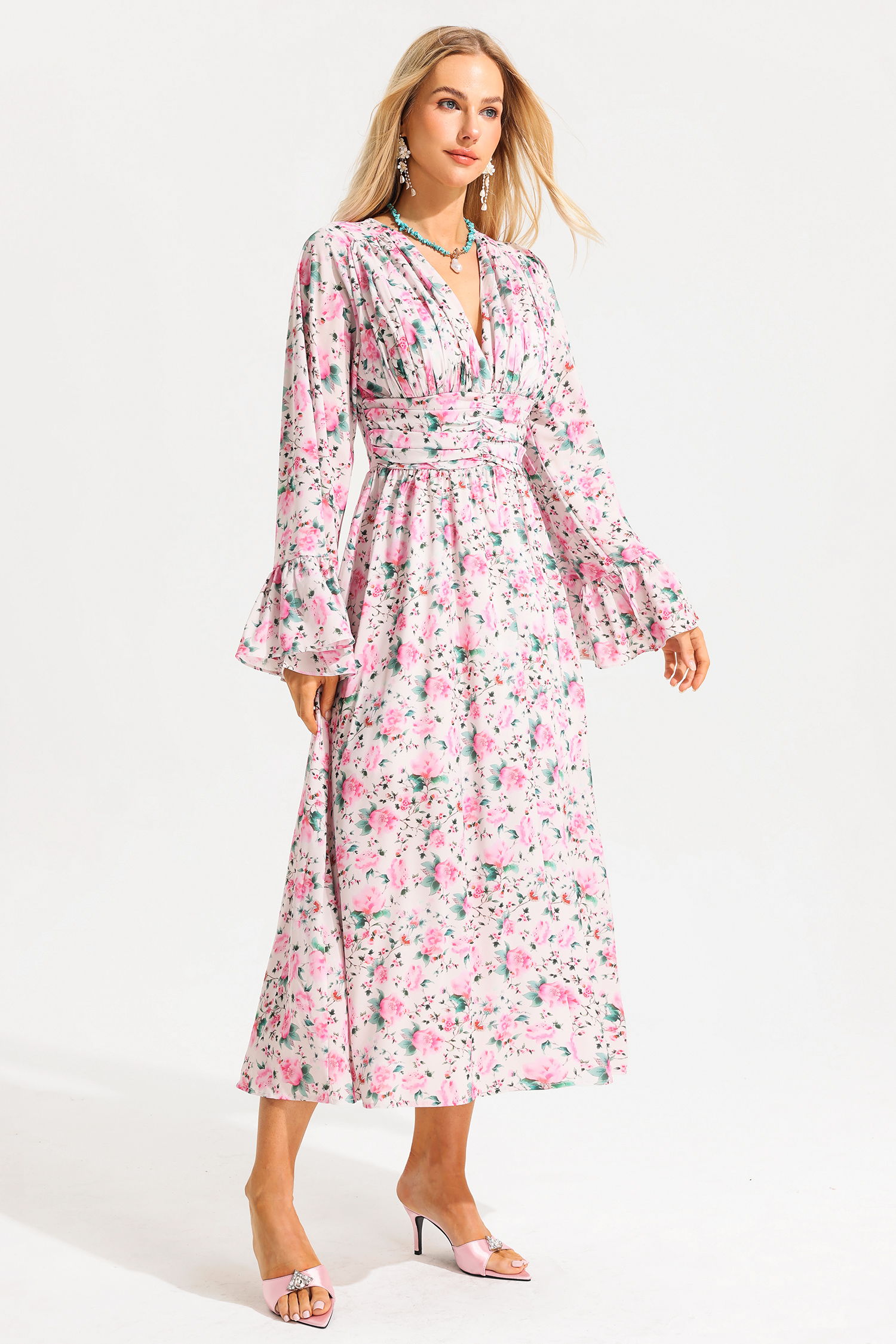 Floral V-Neck Ball Sleeve Midi Dress