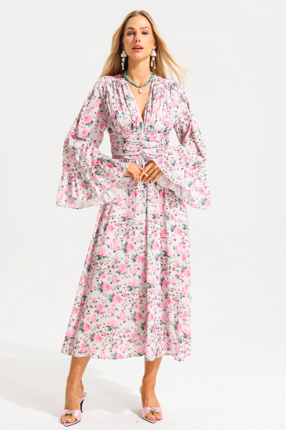 Floral V-Neck Ball Sleeve Midi Dress