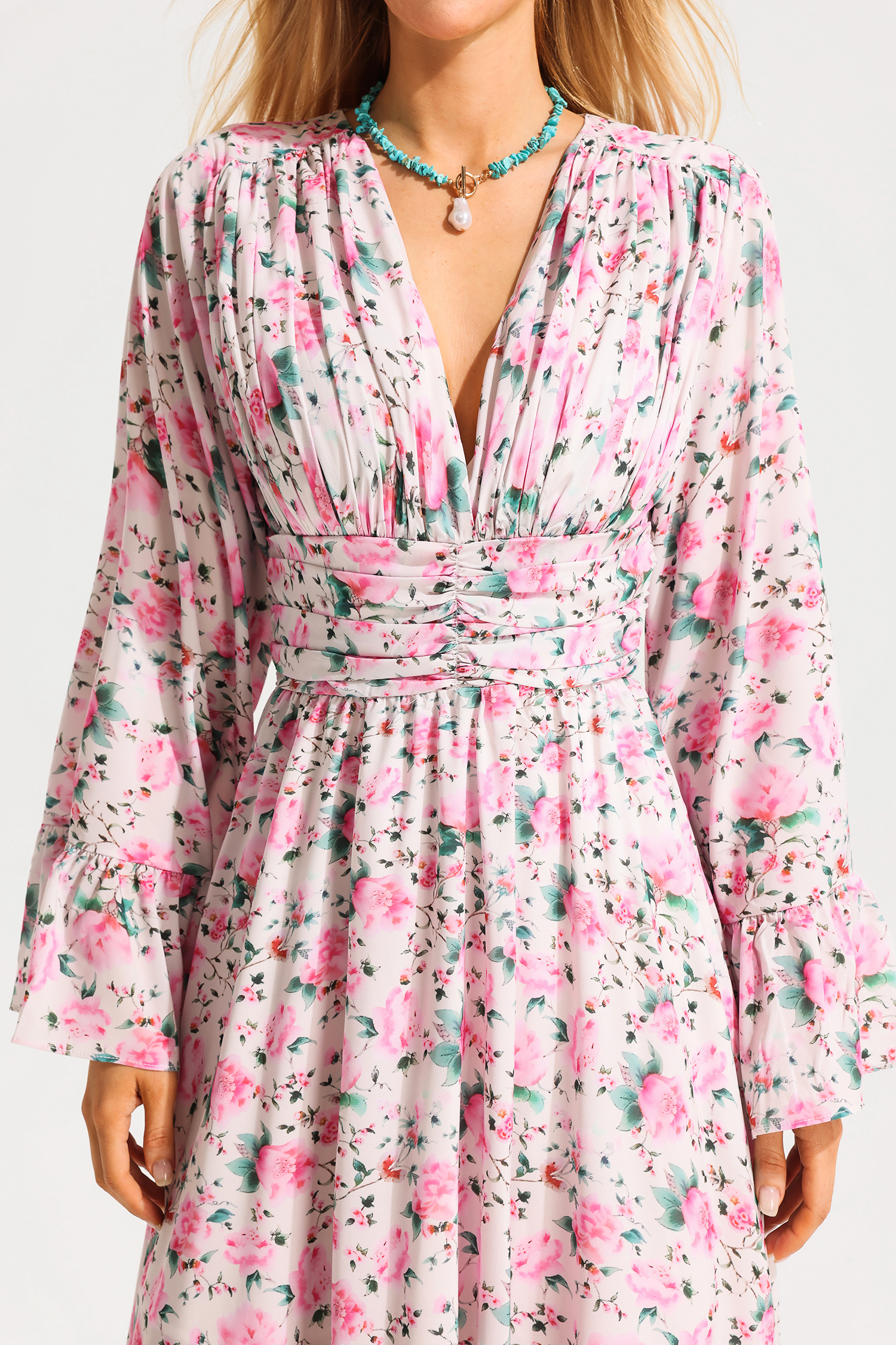 Floral V-Neck Ball Sleeve Midi Dress