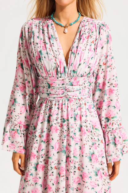 Floral V-Neck Ball Sleeve Midi Dress