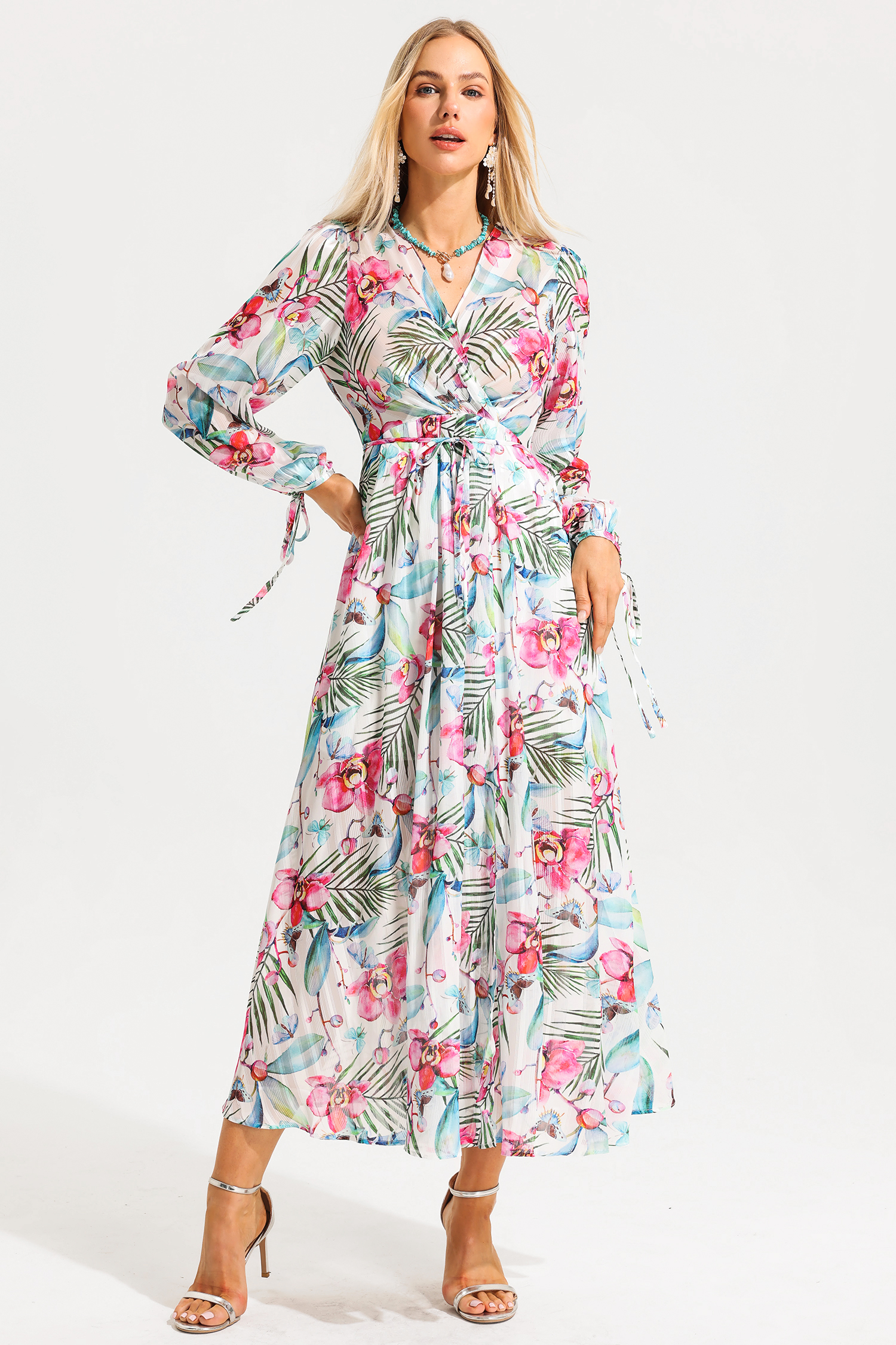 Floral Lantern Sleeve V-Neck Midi Dress