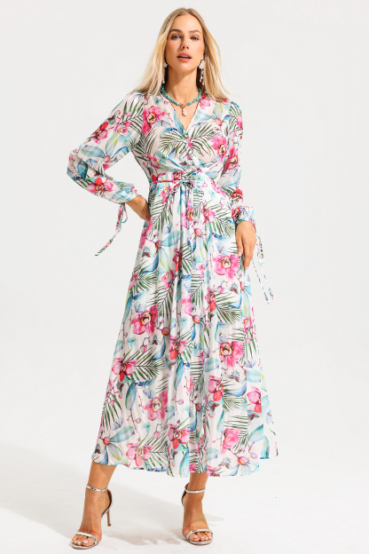 Floral Lantern Sleeve V-Neck Midi Dress