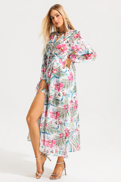Floral Lantern Sleeve V-Neck Midi Dress