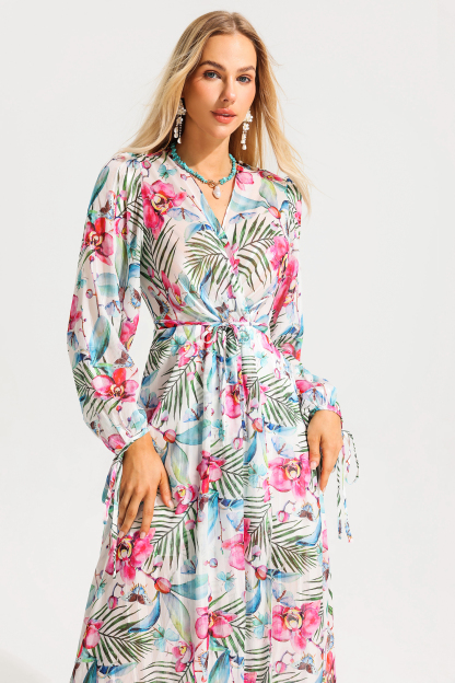 Floral Lantern Sleeve V-Neck Midi Dress