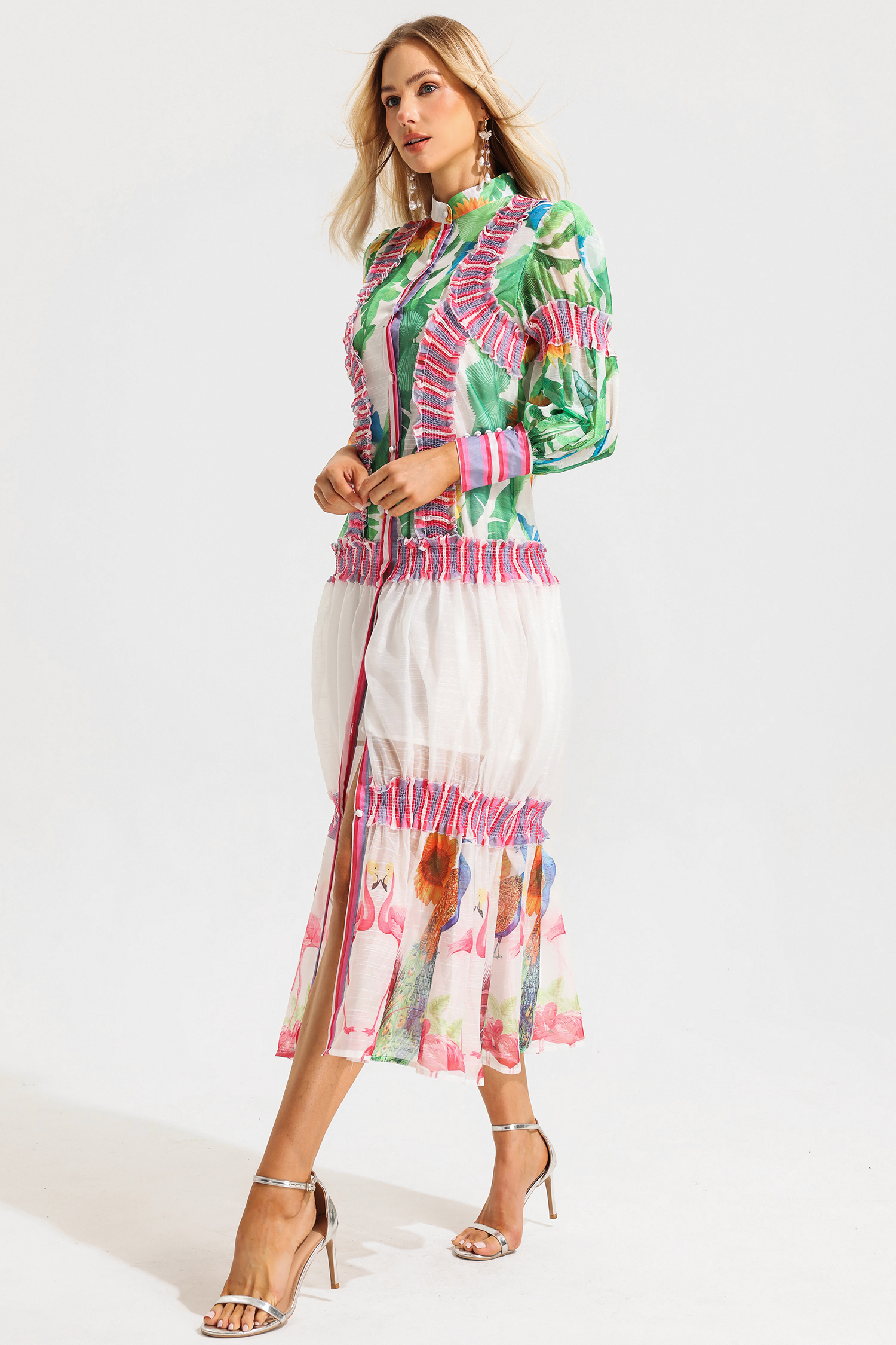 Floral Lantern Sleeve Stand Collar Ruffle Maxi Dress