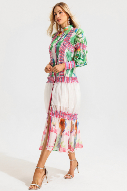 Floral Lantern Sleeve Stand Collar Ruffle Maxi Dress