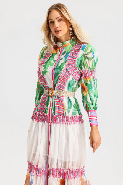 Floral Lantern Sleeve Stand Collar Ruffle Maxi Dress