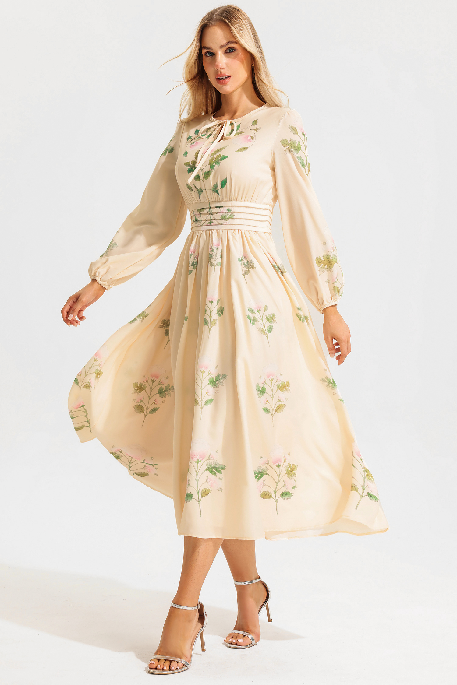 Floral Round Neck Long Sleeve Maxi Dress