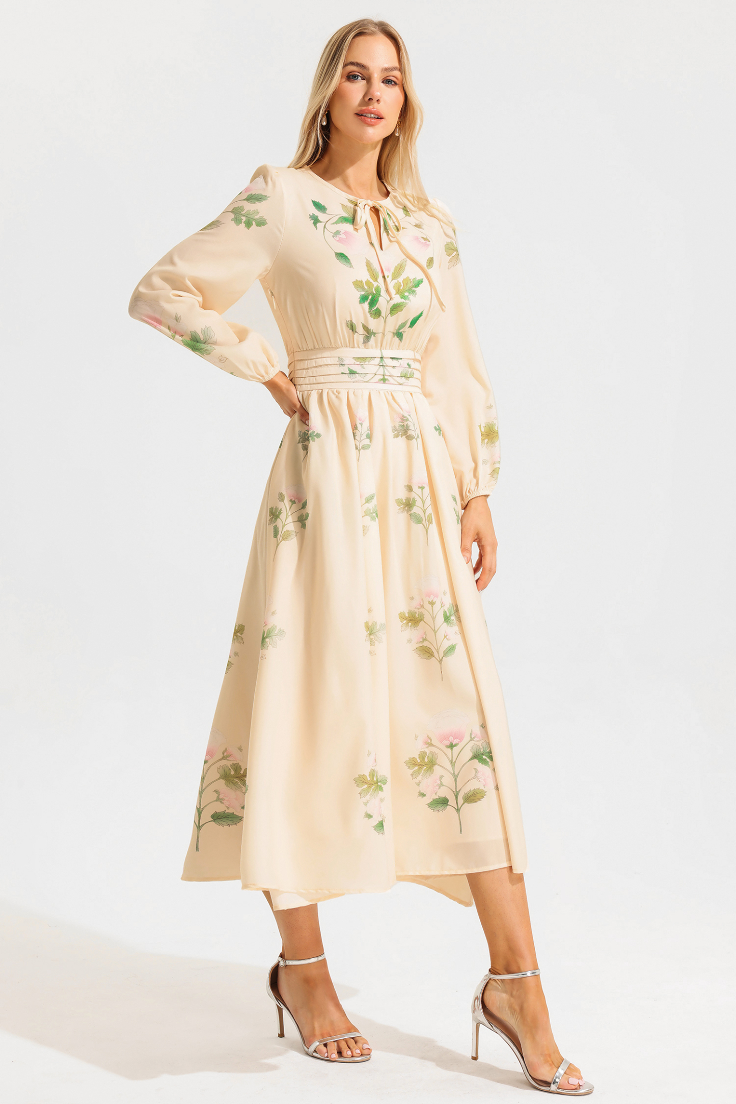 Floral Round Neck Long Sleeve Maxi Dress