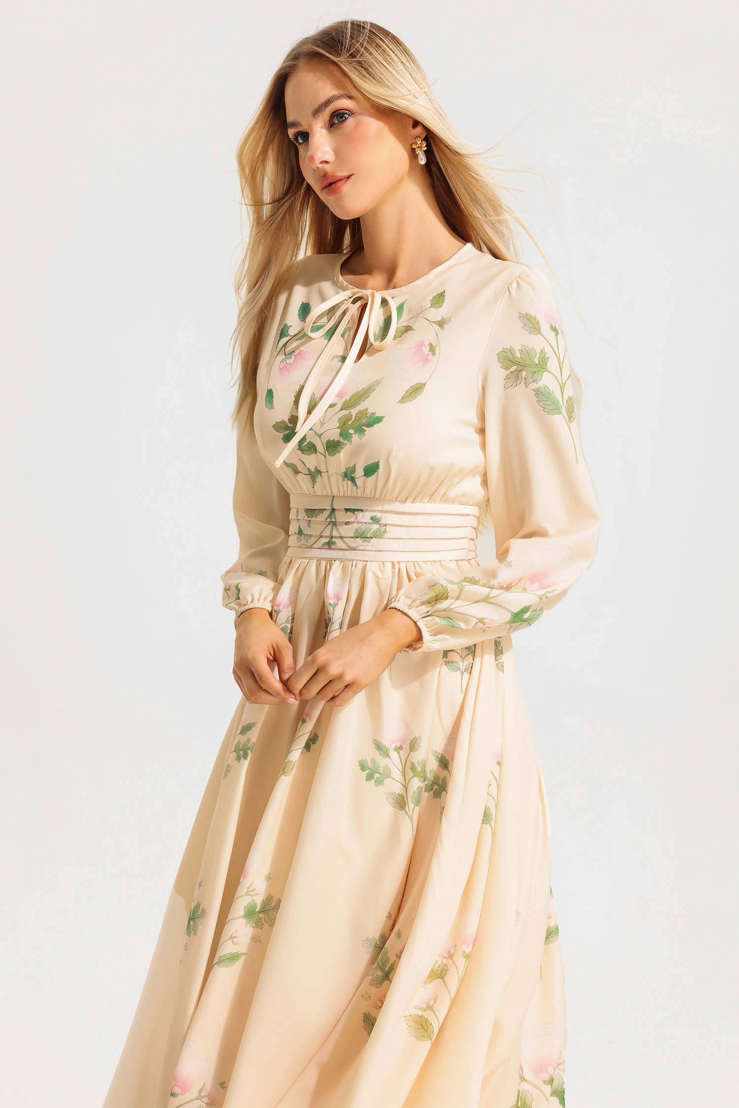 Floral Round Neck Long Sleeve Maxi Dress
