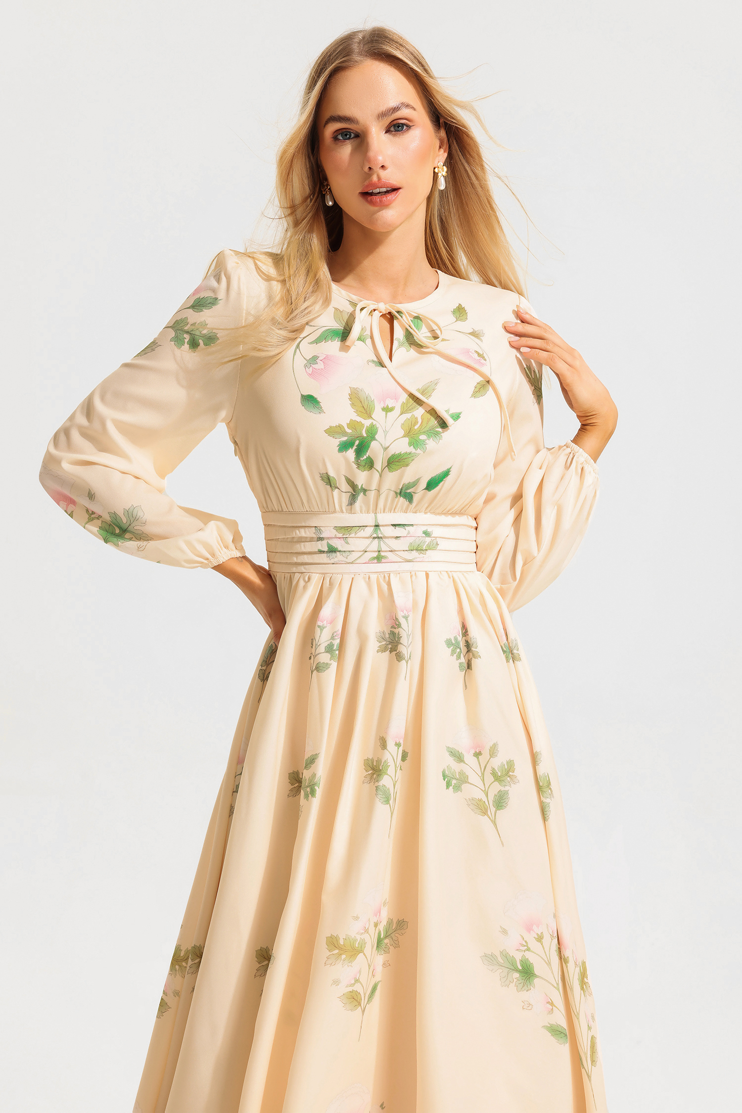 Floral Round Neck Long Sleeve Maxi Dress