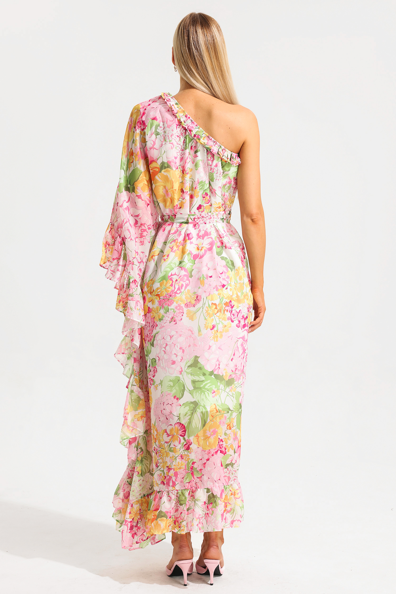 Floral Ruffle Asymmetric One Shoulder Midi Dress