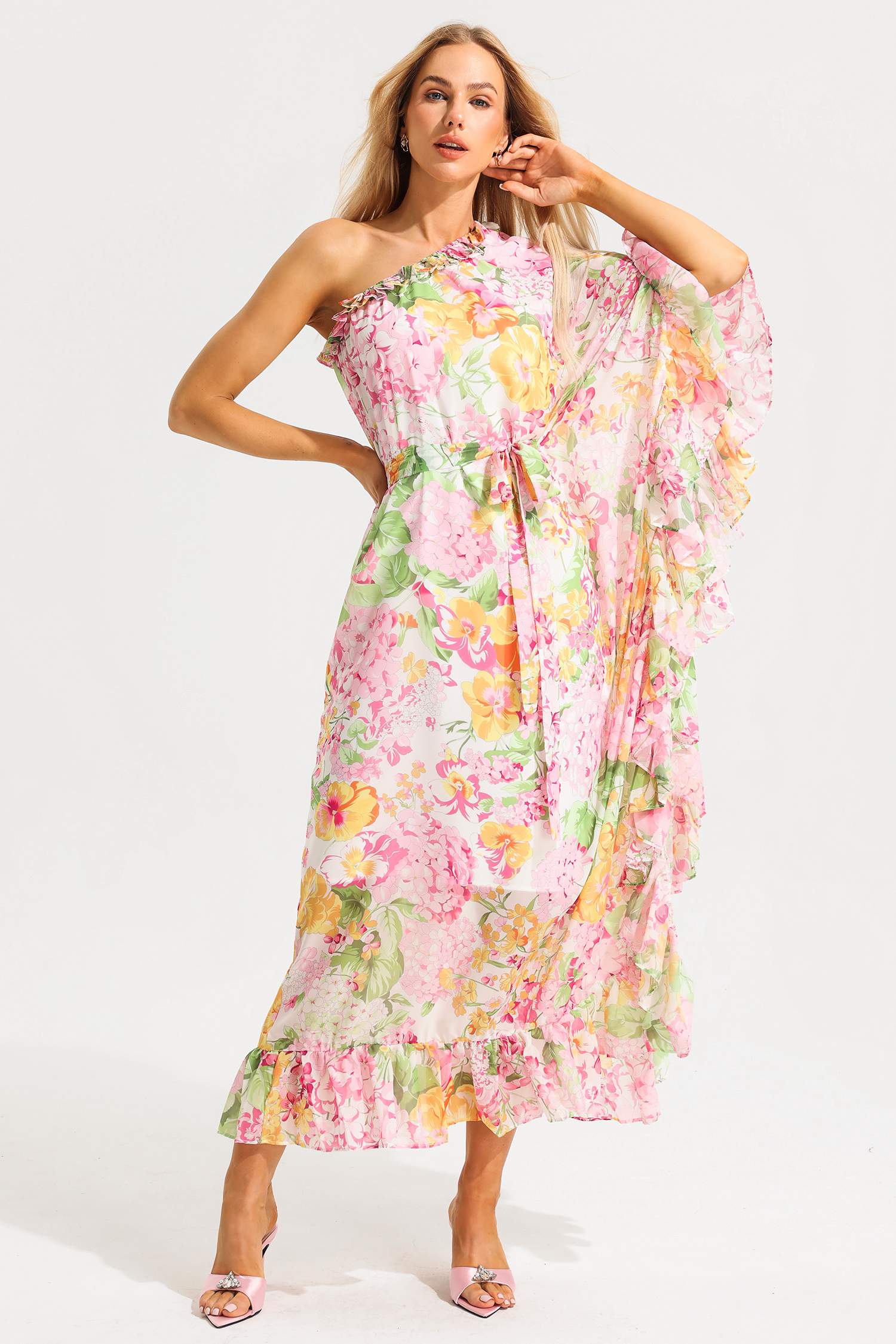 Floral Ruffle Asymmetric One Shoulder Midi Dress