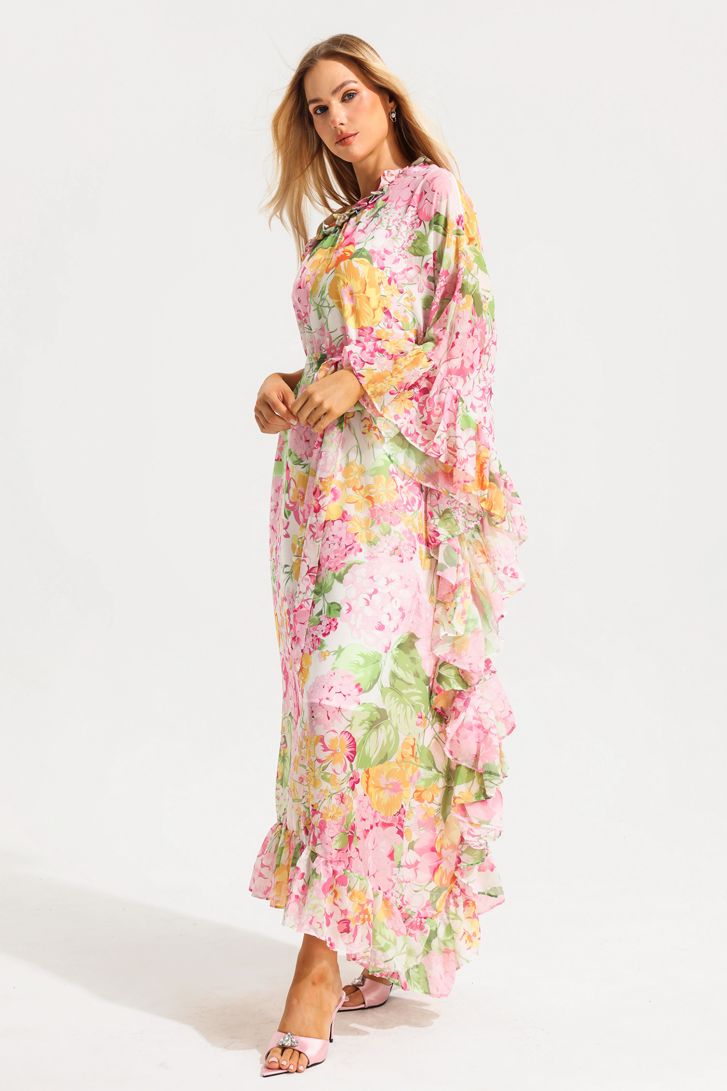 Floral Ruffle Asymmetric One Shoulder Midi Dress