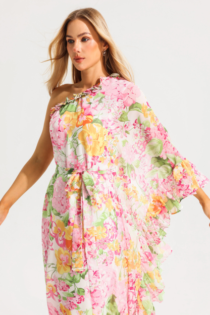 Floral Ruffle Asymmetric One Shoulder Midi Dress