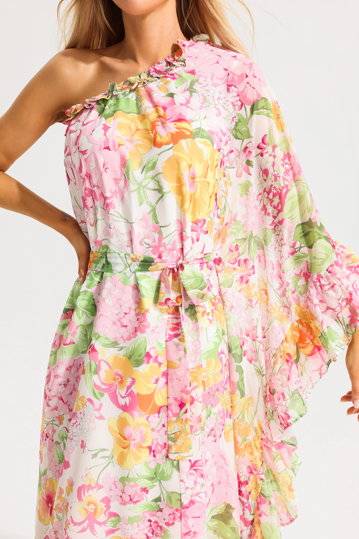 Floral Ruffle Asymmetric One Shoulder Midi Dress