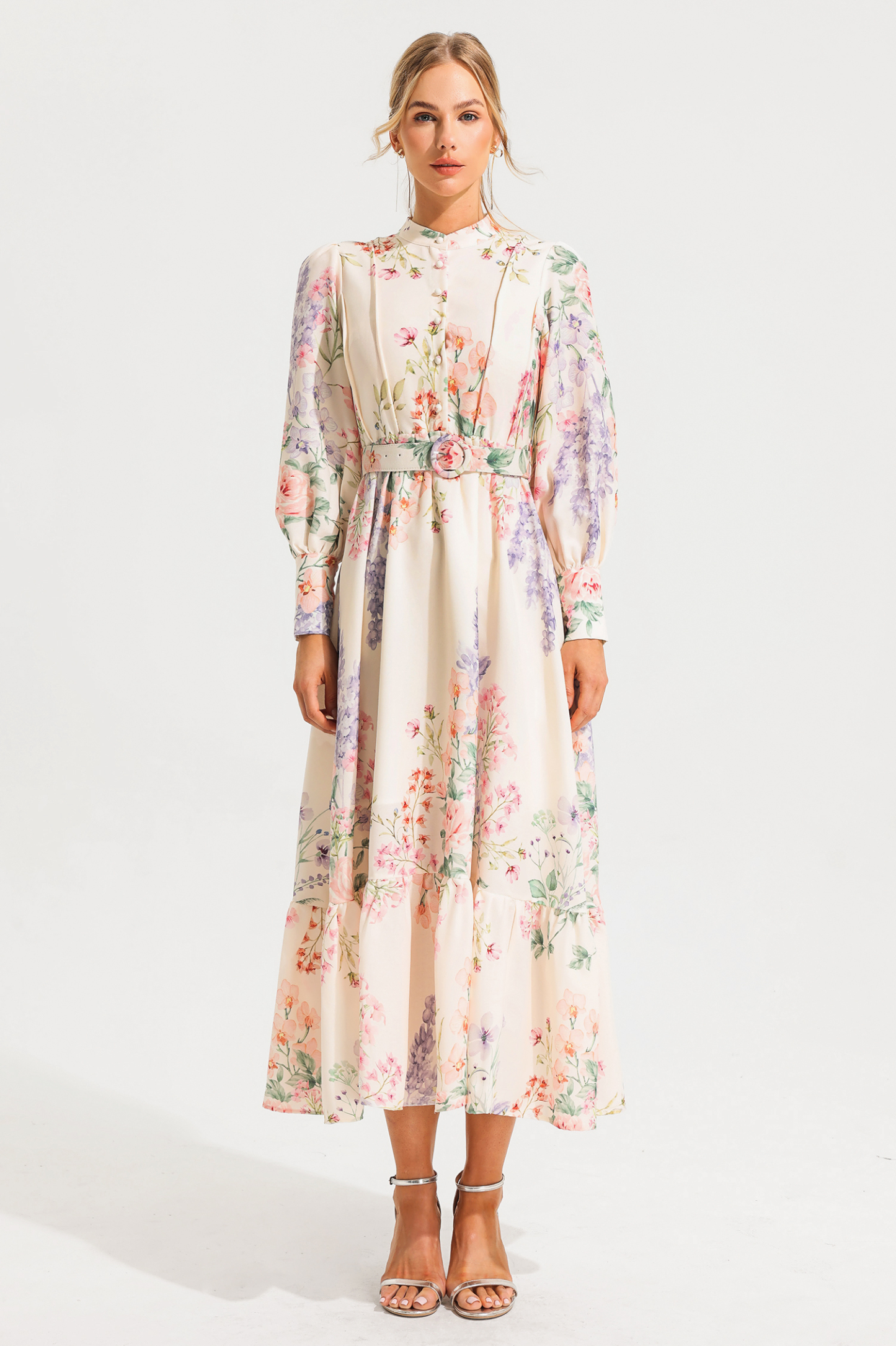 Floral Long Sleeve Maxi Dress With Belt