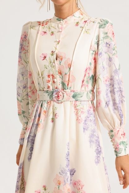 Floral Long Sleeve Maxi Dress With Belt