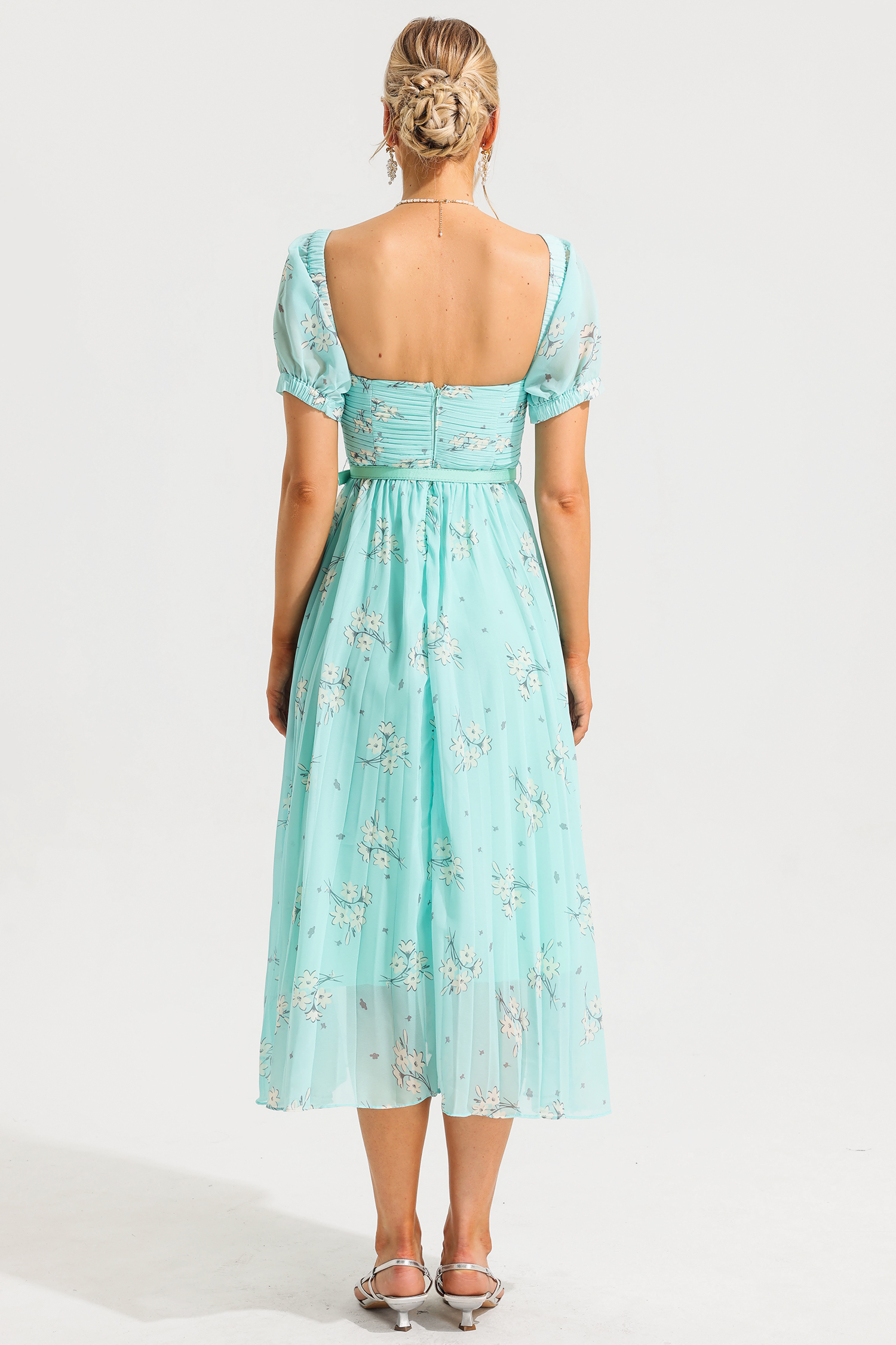 Square Collar Pleated Midi Dress With Belt