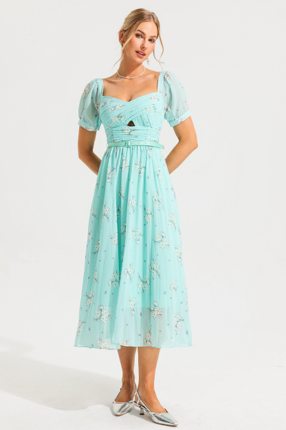 Square Collar Pleated Midi Dress With Belt