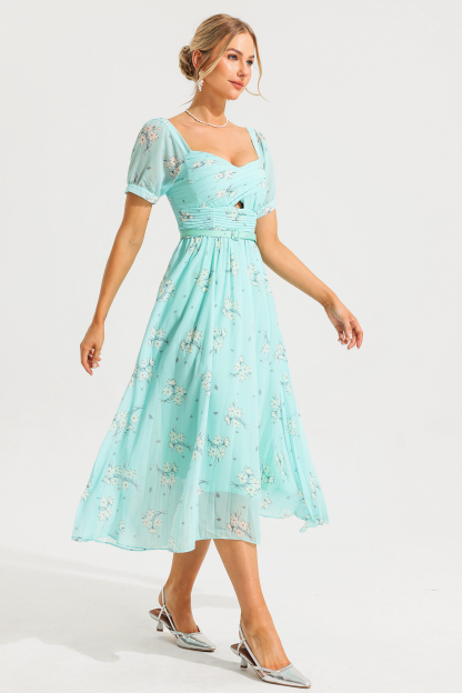 Square Collar Pleated Midi Dress With Belt