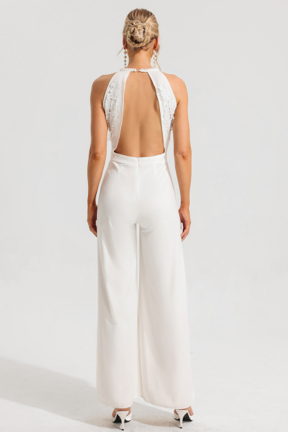 Halter Neck Embroidered Split Jumpsuit
