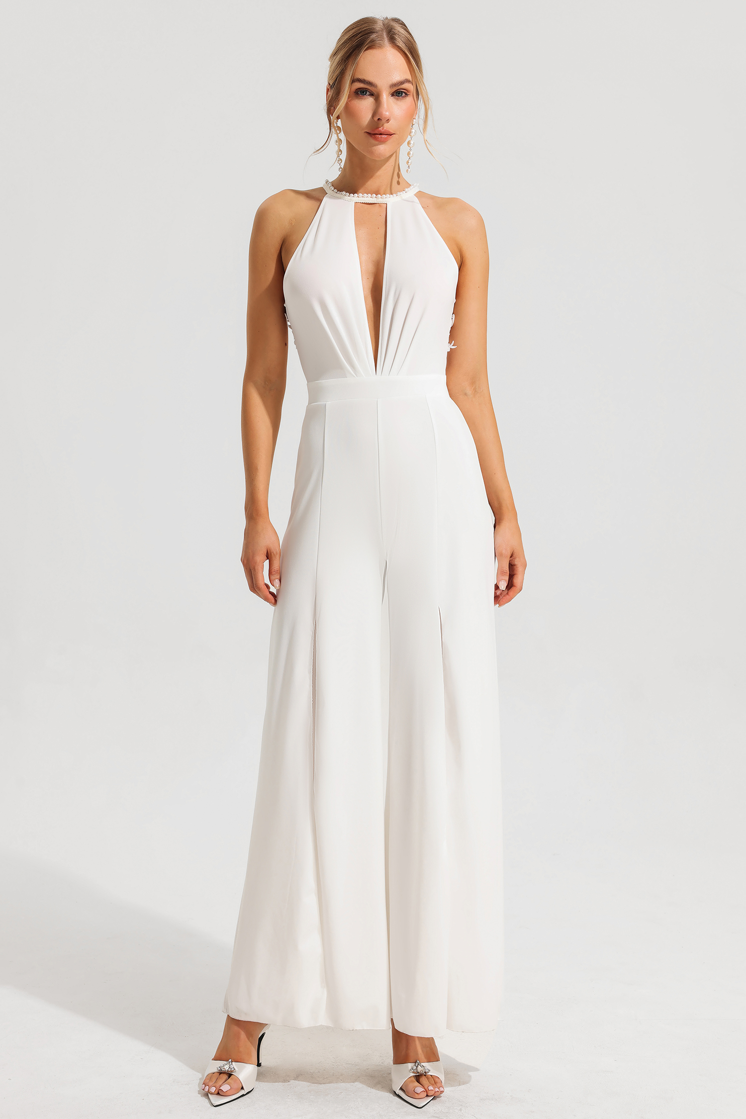 Halter Neck Embroidered Split Jumpsuit