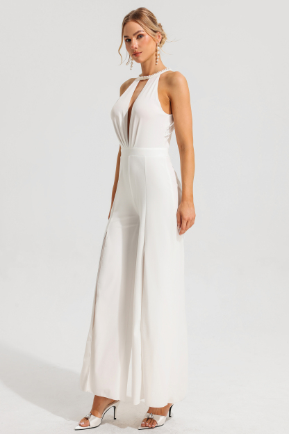 Halter Neck Embroidered Split Jumpsuit