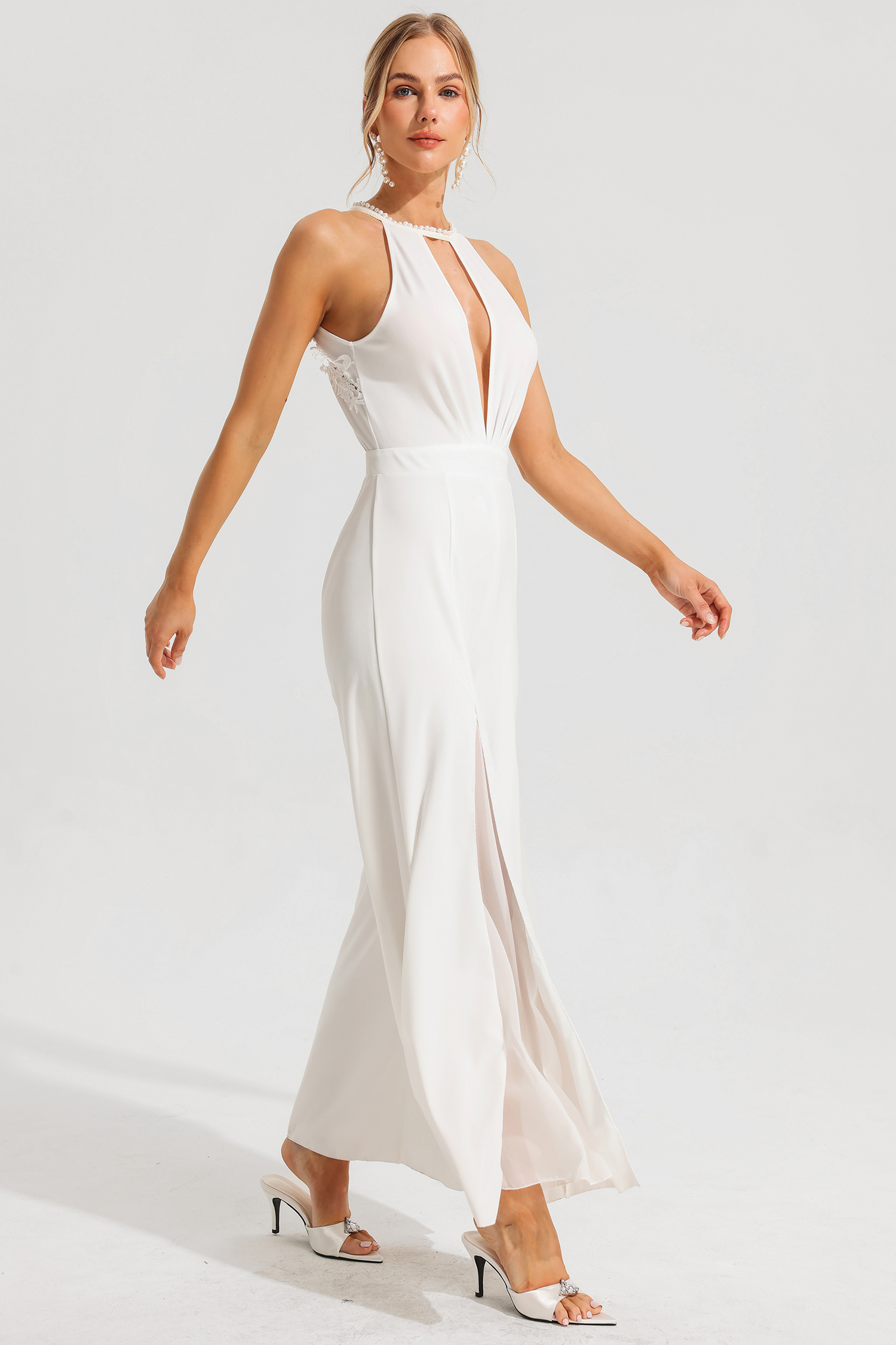 Halter Neck Embroidered Split Jumpsuit