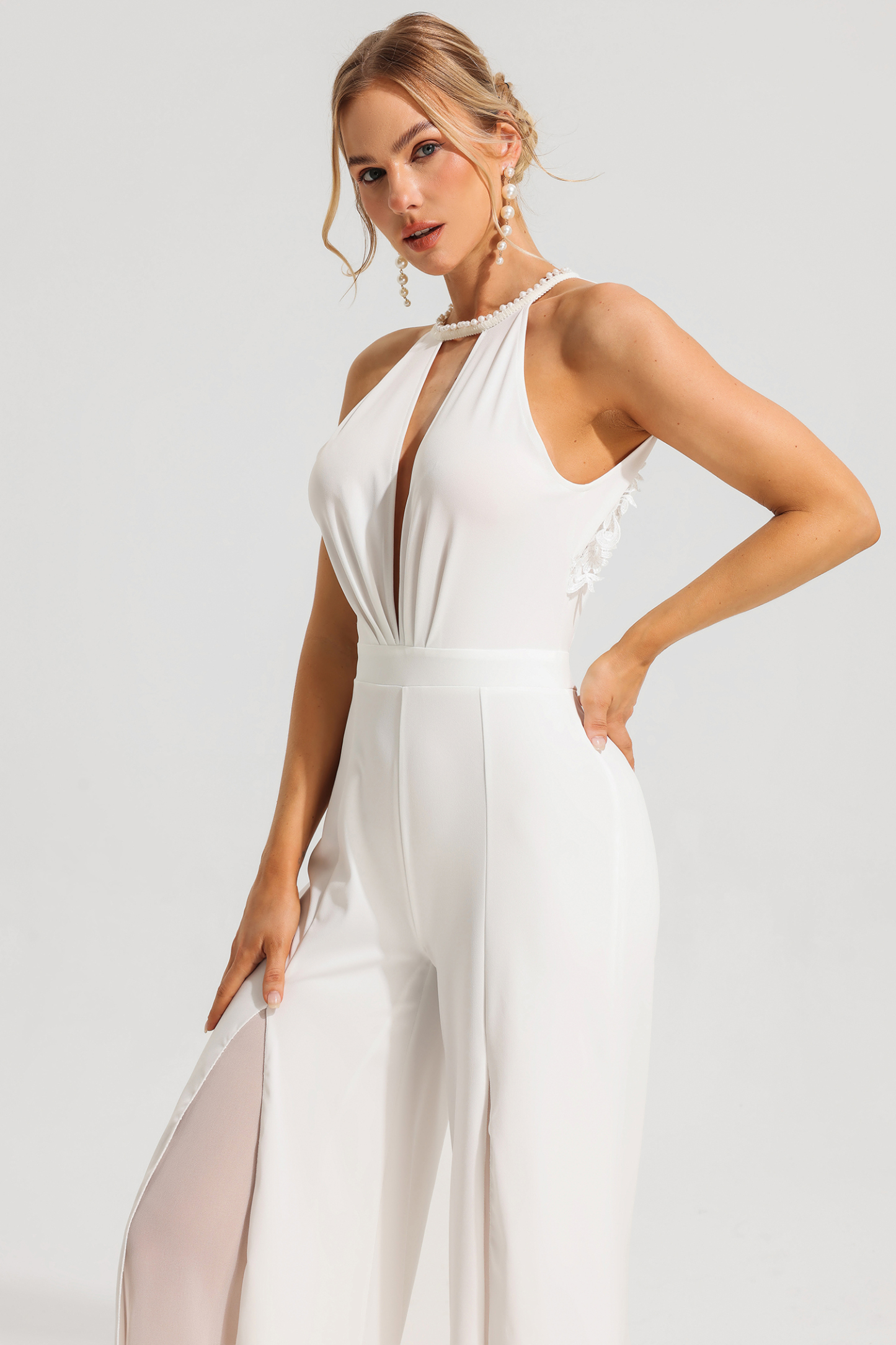 Halter Neck Embroidered Split Jumpsuit
