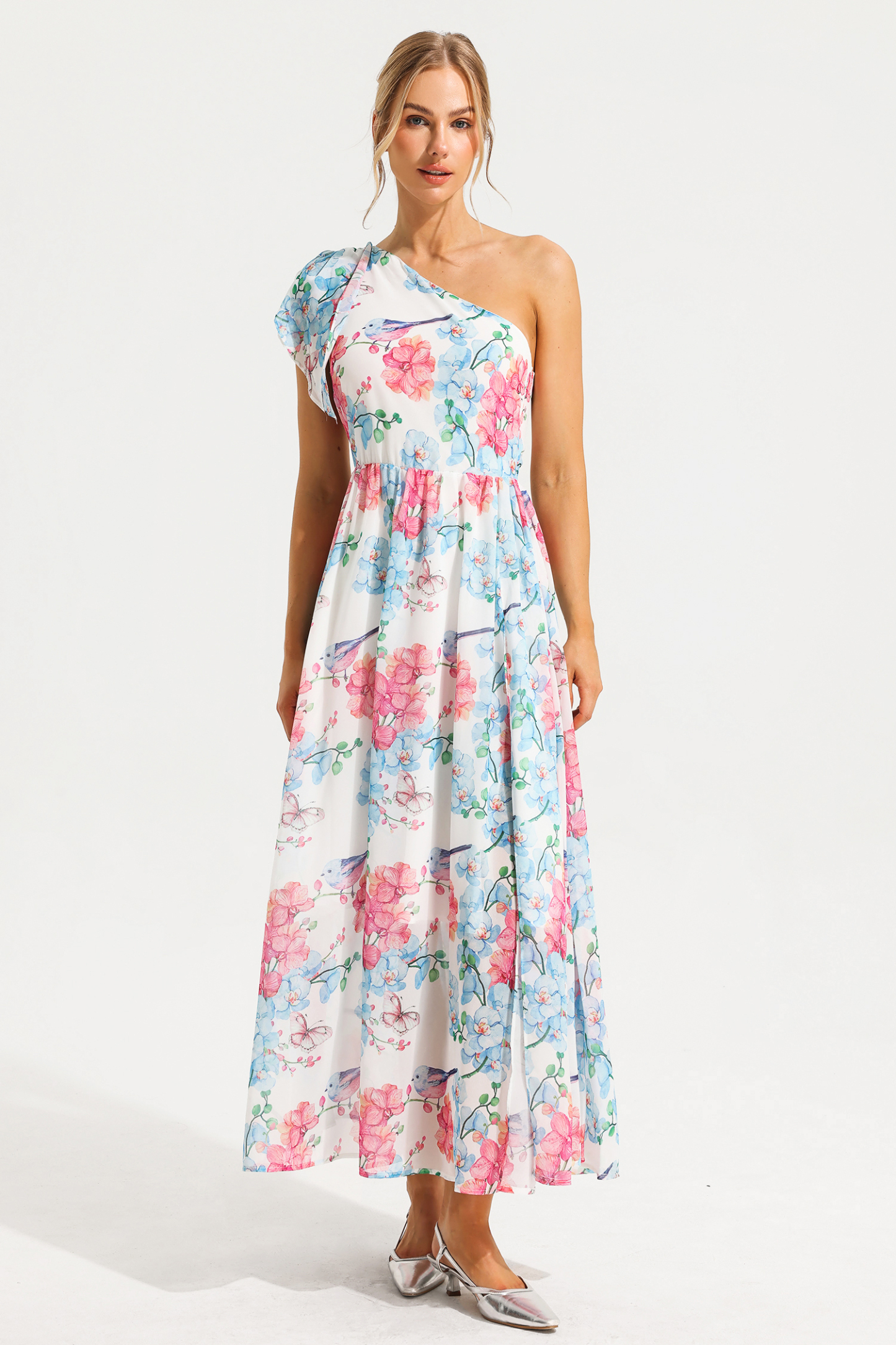 Floral One Shoulder Split Midi Dress