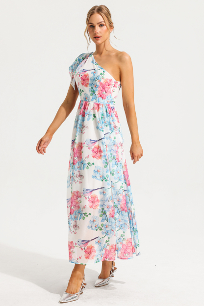 Floral One Shoulder Split Midi Dress