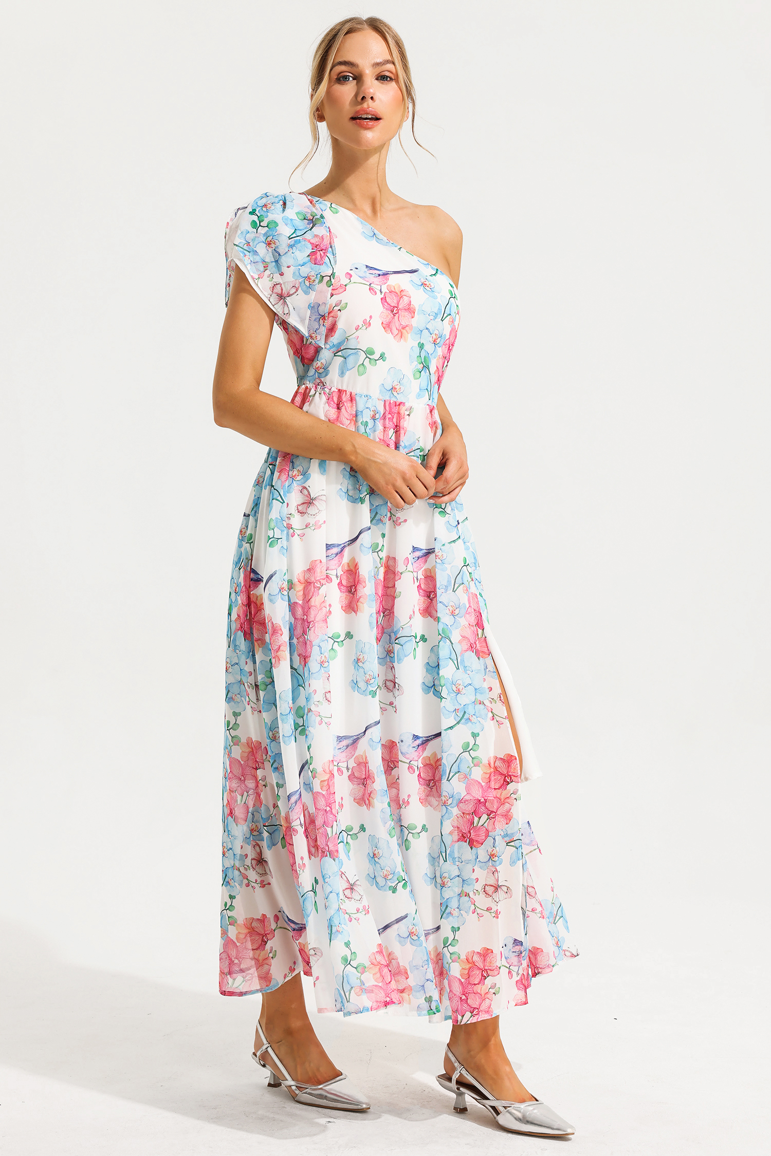 Floral One Shoulder Split Midi Dress