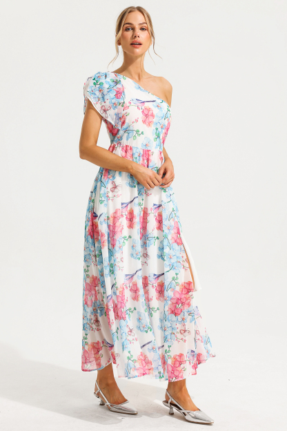 Floral One Shoulder Split Midi Dress