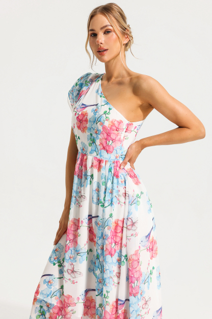 Floral One Shoulder Split Midi Dress