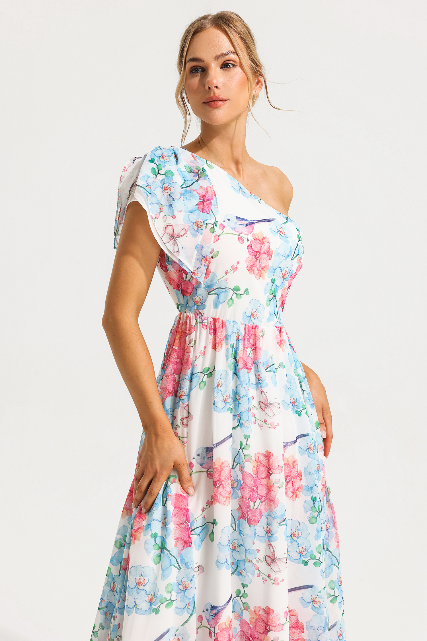Floral One Shoulder Split Midi Dress