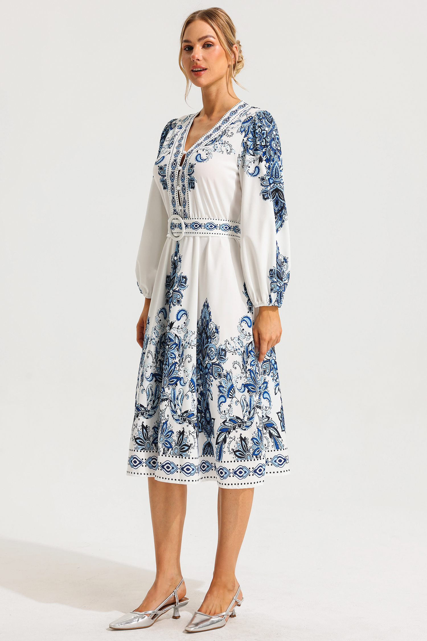 [Copy]Paisley Single Breasted Long Sleeve Mini Dress With Belt