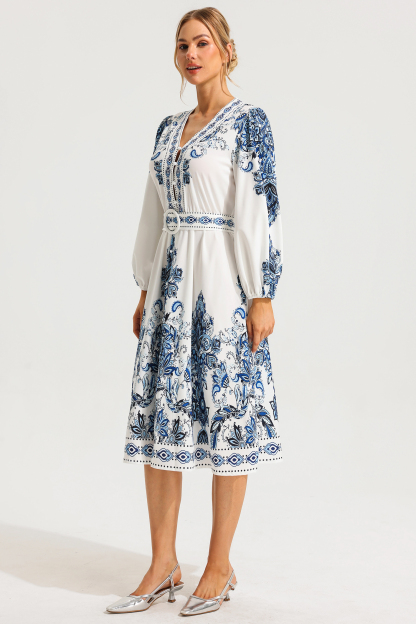 [Copy]Paisley Single Breasted Long Sleeve Mini Dress With Belt