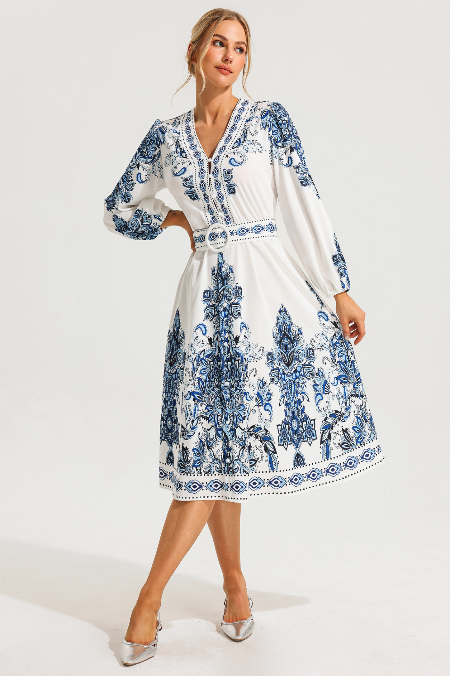 [Copy]Paisley Single Breasted Long Sleeve Mini Dress With Belt