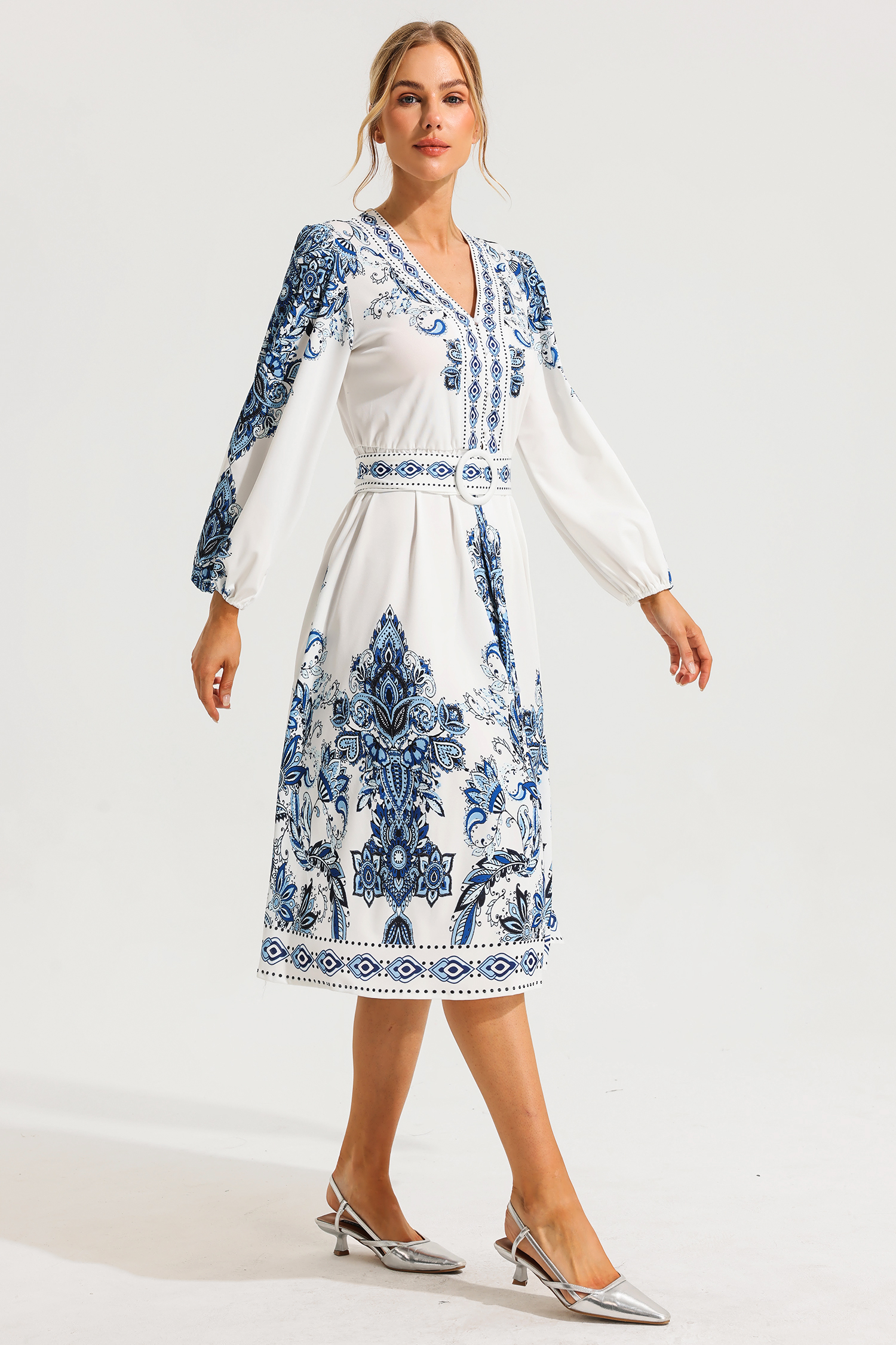 [Copy]Paisley Single Breasted Long Sleeve Mini Dress With Belt