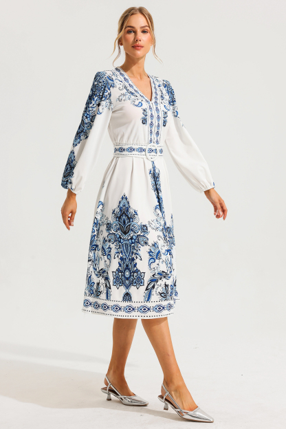 [Copy]Paisley Single Breasted Long Sleeve Mini Dress With Belt