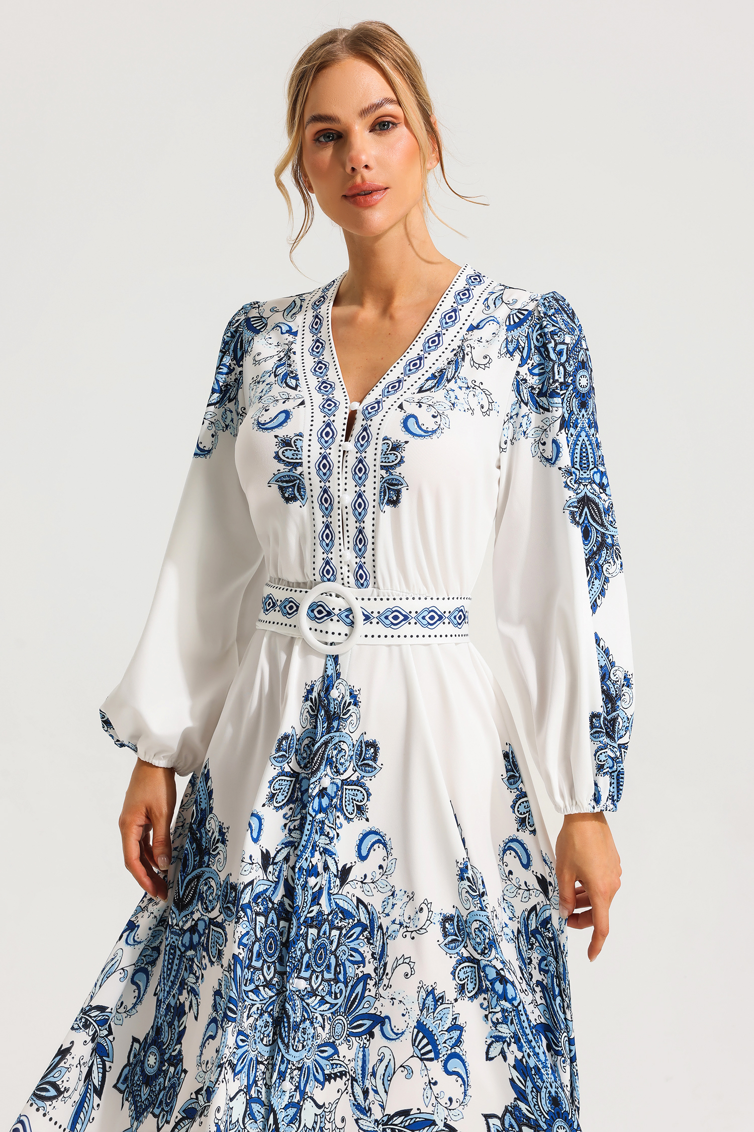 [Copy]Paisley Single Breasted Long Sleeve Mini Dress With Belt