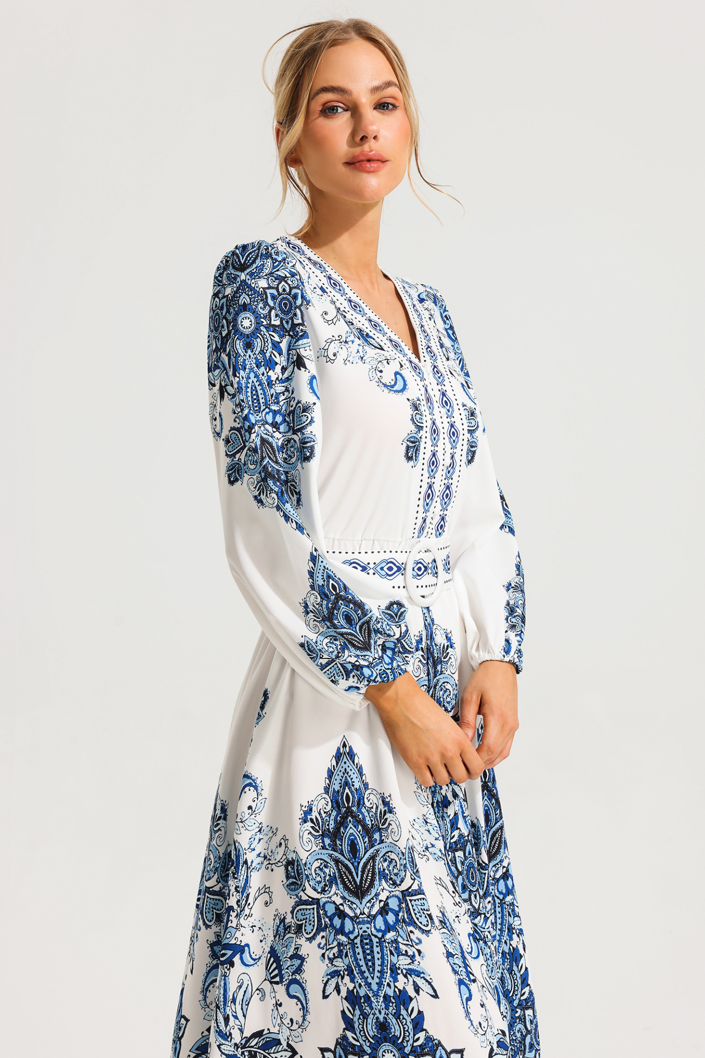 [Copy]Paisley Single Breasted Long Sleeve Mini Dress With Belt